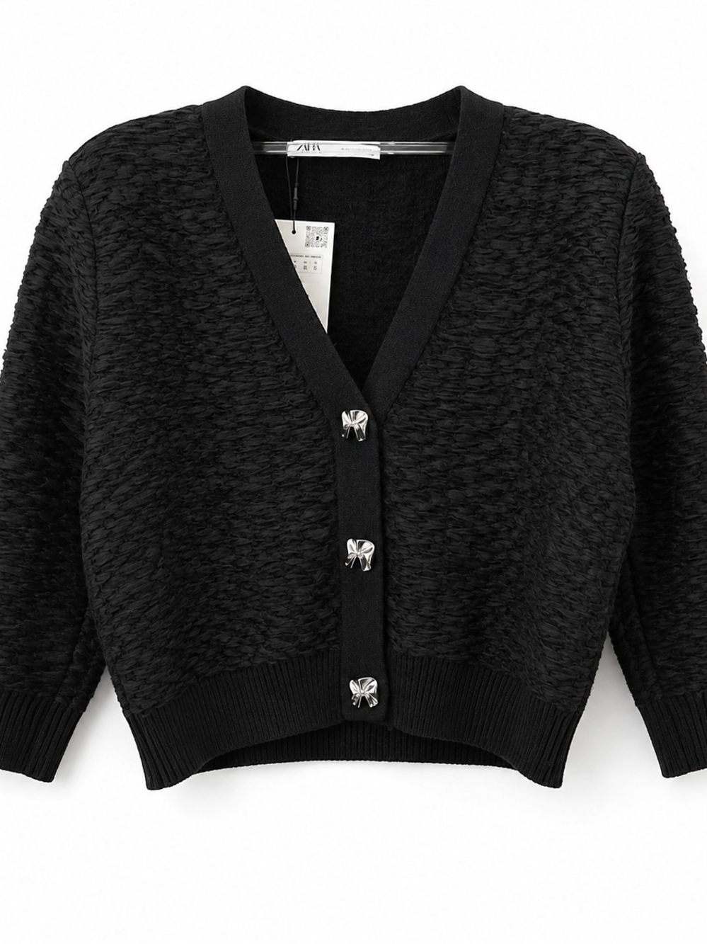 Zara Black Textured V-Neck Cardigan Boho Minimalist Preppy - Picture 3 of 7